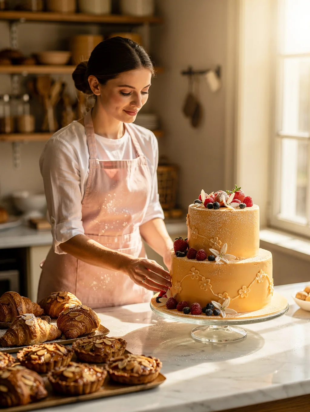 Pastry Chef Elena Bianchi plating a delicate seasonal Italian dessert