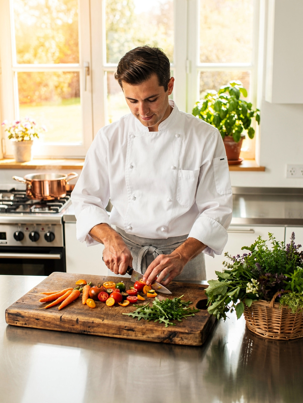 Chef preparing fresh seasonal ingredients in our open kitchen